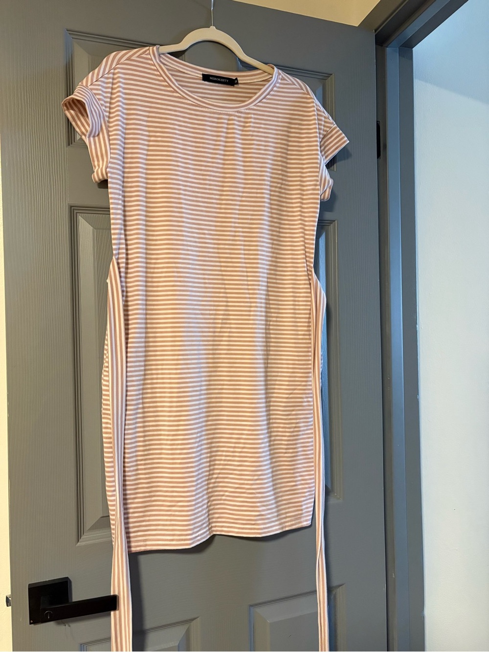 Striped Pink and White Women’s Tee Dress with Tie